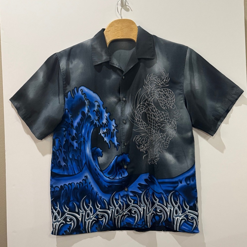 Odo Mens XL Blue Wave Dragon Tribal Graphic Short Sleeve Button Down Shirt Black